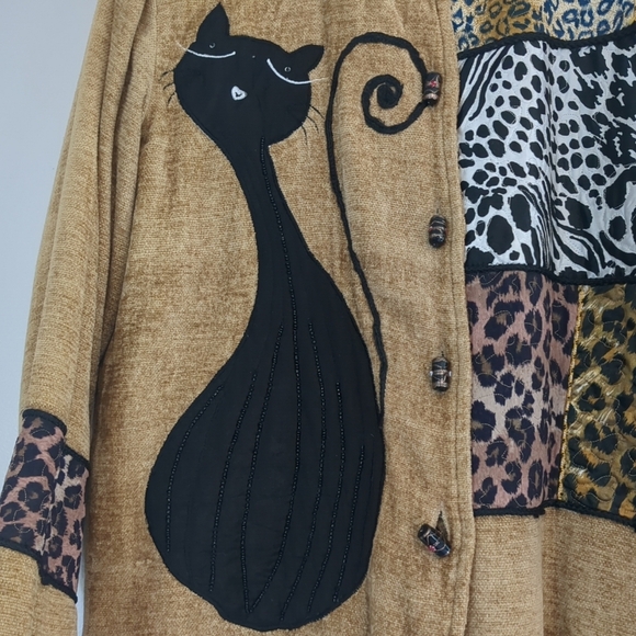 Black Cat Blazer Jacket Women's Medium Tan Patchwork Bead Embroidery Button - Picture 2 of 15